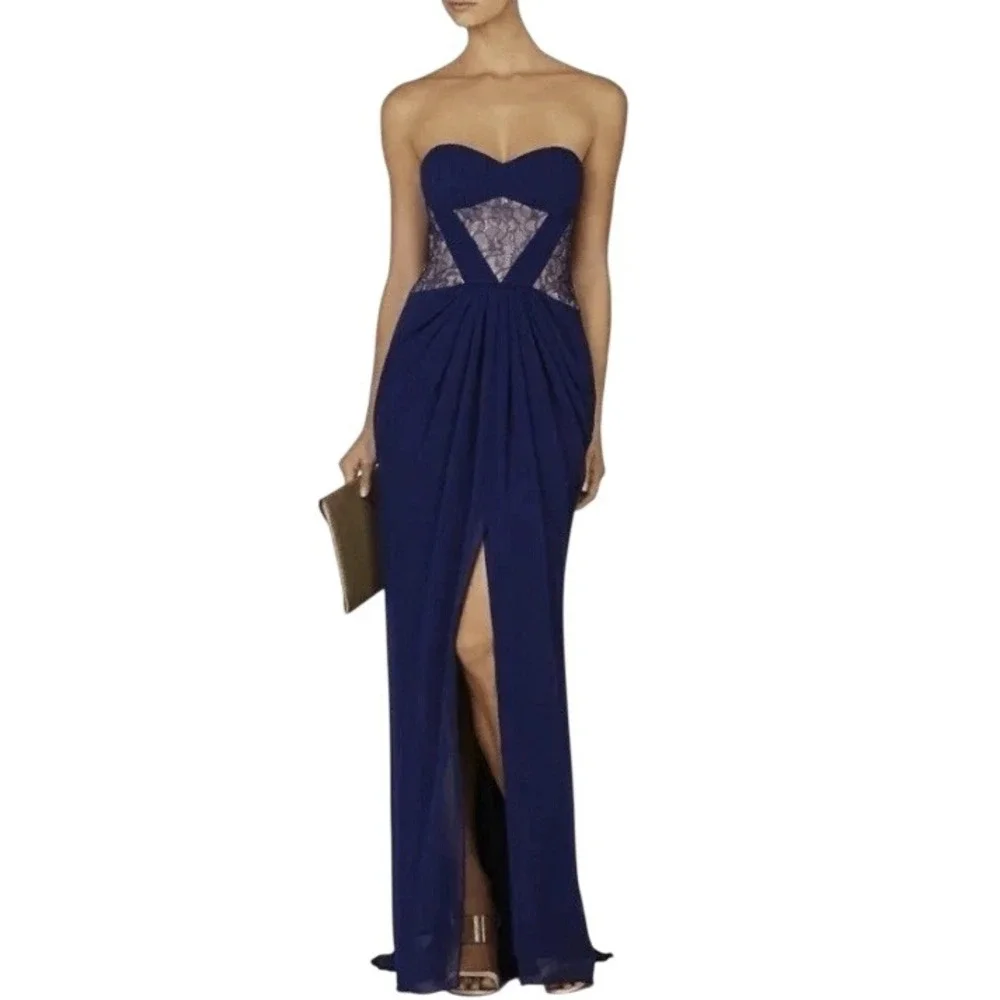 bcbg blue strapless dress NWT BCBG Max Azria Taffeta Ruched Strapless Blue Dress S